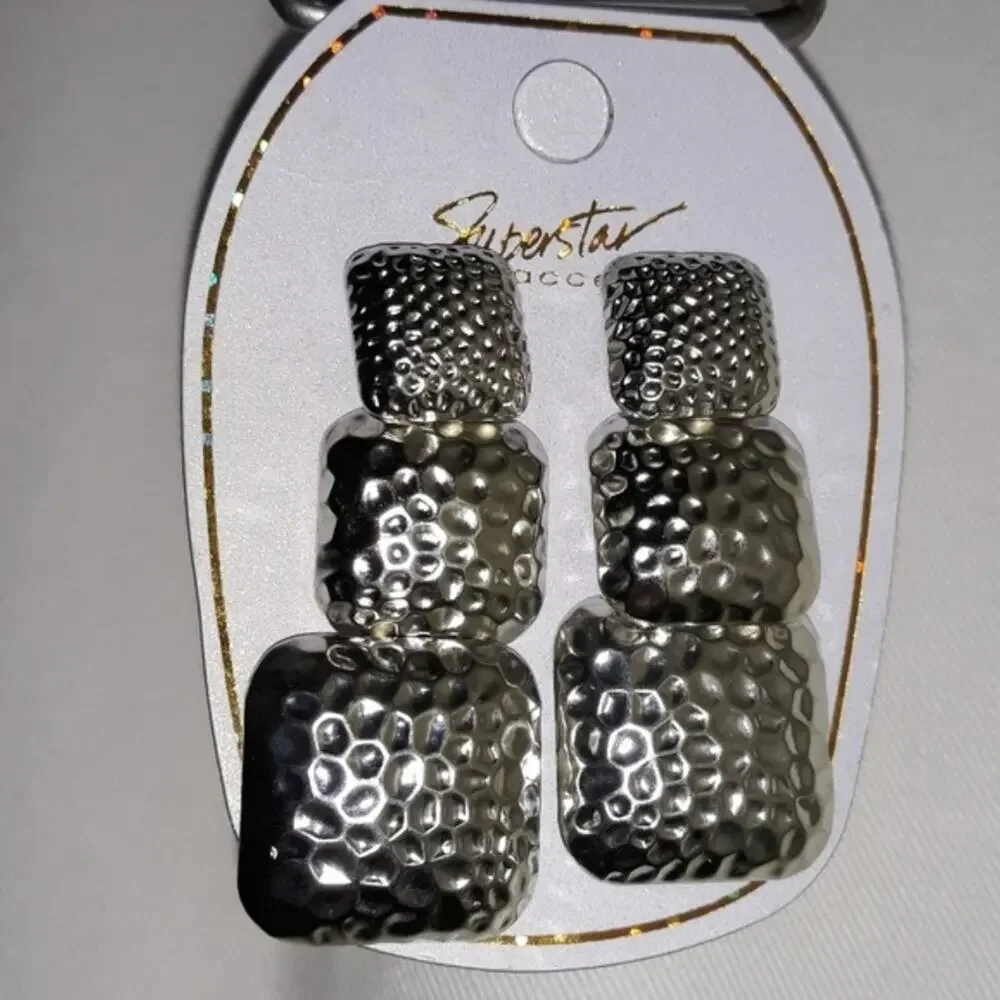 Vintage  Stud Earrings Dimple Silver Square 3-pair